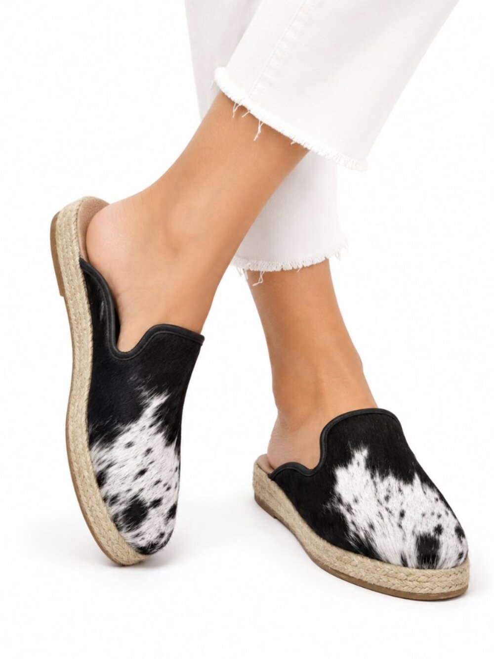 Myra Cowhide Leather Espadrille Mule Women's 8 Black White Slip On Boho Chic